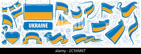 Insieme vettoriale della bandiera nazionale dell'Ucraina in vari disegni creativi Illustrazione Vettoriale