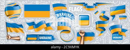 Insieme vettoriale della bandiera nazionale dell'Ucraina in vari disegni creativi Illustrazione Vettoriale