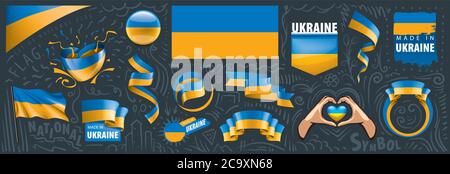 Insieme vettoriale della bandiera nazionale dell'Ucraina in vari disegni creativi Illustrazione Vettoriale