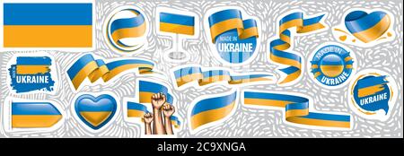 Insieme vettoriale della bandiera nazionale dell'Ucraina in vari disegni creativi Illustrazione Vettoriale
