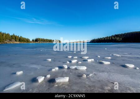 Lago di Sevieres in inverno, lago vulcanico, Parco Naturale Regionale dei Vulcani d'Alvernia, Dipartimento Puy de Dome, Auvergne Rodano Alpi, Francia Foto Stock