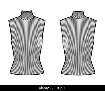 Maglia a costolette turleneck illustrazione tecnica di moda con corpo montato, ponticello senza maniche. Modello di abbigliamento per camicia piatta davanti, dietro, colore grigio. Donne, uomini unisex top CAD mockup Illustrazione Vettoriale