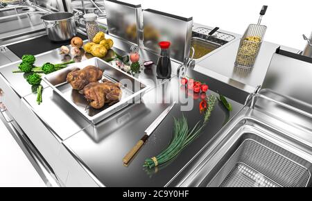 dettaglio di una cucina professionale in acciaio con cibo fresco. concetto di catering. rendering 3d. Foto Stock