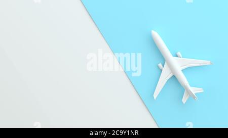 Piano bianco sulla pista blu. Vista dall'alto e sfondo bianco. Concetto minimo di idea. Concetto di viaggio aereo. Forma geometrica vuota in pastello Foto Stock