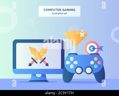 Computer gioco illustrazione Imposta spada su monitor computer vicino joystick gioco diamante bersaglio con stile piatto. Illustrazione Vettoriale