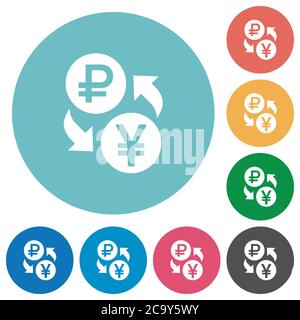 Ruble Yen scambio di denaro piatte icone bianche su sfondi rotondi di colore Illustrazione Vettoriale