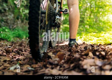 primo piano di una gamba di ciclista e la ruota di una mountain bike su una verde strada forestale, concetto di sport e di sano stile di vita in natura, copia spazio per te Foto Stock