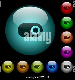 Attivare/disattivare le icone a colori con pulsanti in vetro sferico illuminati su sfondo nero. Può essere utilizzato per modelli neri o scuri Illustrazione Vettoriale