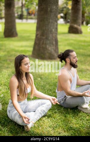 Yogi caucasian fitness coppia facendo yoga all'aperto su prato verde con palme intorno . Meditazione yoga, relax sereno, concetto di vacanza Foto Stock