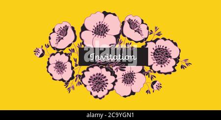 Divertente giallo soleggiato e rosa pastello fiori di peonia modello vettoriale per carta, intestazione, invito, poster, social media, post pubblicazione. Illustrazione Vettoriale