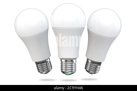 Set di lampadine a LED isolate su sfondo bianco. Rendering 3d realistico della lampada a diodo a emissione luminosa elettrica a risparmio energetico. Mockupis pronto f Foto Stock