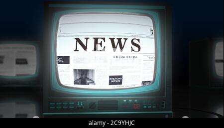 Il monitor tridimensionale mostra il giornale con il titolo delle notizie Foto Stock
