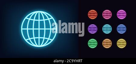 Icona del globo al neon. Simbolo del mondo al neon brillante, Internet globo in colori vividi. Terra digitale, mondo internazionale, pianeta sfera, rete di istruzione. Icona s Illustrazione Vettoriale