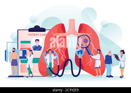 Concetto di pulmonologa. Malattie, diagnosi e trattamento dei polmoni umani. Illustrazione dei caratteri dei medici vettoriali. Symphtoms, prevenzione di vi respiratorio Illustrazione Vettoriale