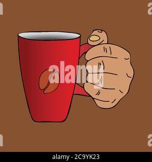 Illustrazione disegnata a mano di una mano che tiene UNA tazza di caffè decorata rossa con caffè fagiolo su sfondo marrone Illustrazione Vettoriale