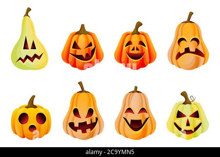 Halloween spooky emotion zucche icone collezione. Illustrazione di un cartone piatto vettoriale. Jack o lanterne espressione del volto. Festa celebrazione design ele Illustrazione Vettoriale