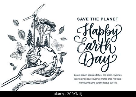 Banner Happy Earth Day, poster con scritta calligrafia disegnata a mano. Disegno vettoriale delle mani che tengono il pianeta Terra con il gener della turbina eolica Illustrazione Vettoriale