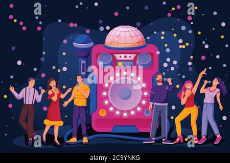 Illustrazione della festa di musica notturna del karaoke. Caratteri vettoriali per cartoni animati piatti. Felici i giovani cantano canzoni con microfono e danza. Discoteca club design ele Illustrazione Vettoriale