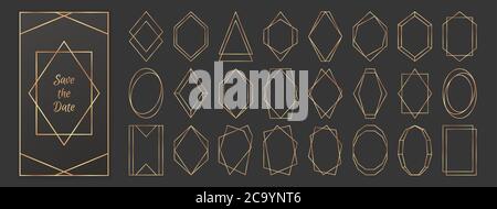 Collezione di cornici poligonali in oro isolate su sfondo grigio scuro. Illustrazione Vettoriale