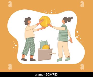 Concetto di budget familiare. Giovane coppia che tiene una moneta enorme e la mette in portafoglio con monete e banconote. Illustrazione vettoriale lineare. Illustrazione Vettoriale