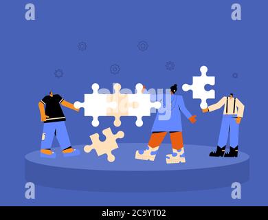 Concetto di lavoro di squadra. Il team aziendale coworking piccole persone con enormi puzzle pezzi. Collaborazione. Immagine piatta vettoriale. Illustrazione Vettoriale
