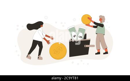 Concetto di budget familiare. Giovane coppia che tiene un enorme monete e metterlo in portafoglio con monete e banconote. Illustrazione vettoriale lineare. Illustrazione Vettoriale