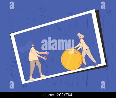 Concetto di budget familiare. Giovane coppia che rotola una moneta enorme l'un l'altro. Illustrazione vettoriale lineare. Illustrazione Vettoriale