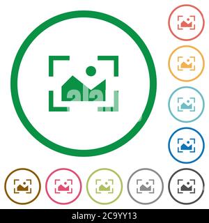 Icone a colori piatte in modalità orizzontale della fotocamera con contorni rotondi su sfondo bianco Illustrazione Vettoriale