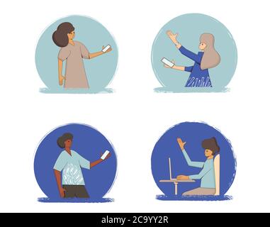 Set avatar. Icone giovani in abiti casual con telefoni, computer portatile e puntando con la mano. Line art caratteri vettoriali piatti collezione ritratti iso Illustrazione Vettoriale