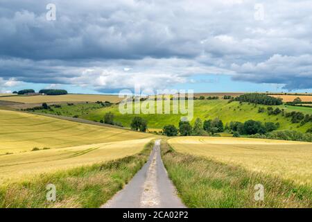 Una strada di campagna in Burdale North Yorkshire che porta in lontananza. Foto Stock