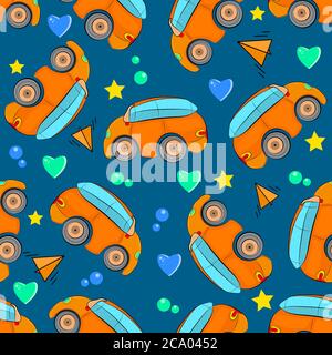 Cartoon auto senza cuciture motivo su sfondo blu. Modello del bambino. Moda bambini print.vehicles moda tessuti, design tessile. Illustrazione vettoriale stock Illustrazione Vettoriale
