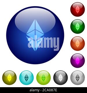 Icone di criptovaluta digitale classica di Ethereum su pulsanti rotondi in vetro colorato Illustrazione Vettoriale