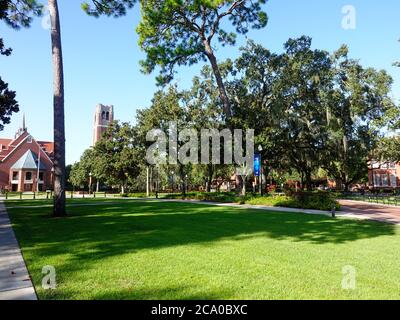 Vuoto a metà estate, Plaza of the Americas, University of Florida luogo di incontro non ufficiale dove studenti, visitatori presentano idee, rilassarsi e socializzare. Foto Stock