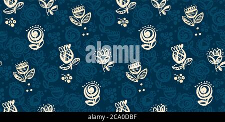 Elegante motivo unico senza cuciture in stile folk per sfondi, avvolgi, tessuti, tessuti, avvolgi, superfici, web e stampa. Floreale decorativo disegnato a mano Illustrazione Vettoriale
