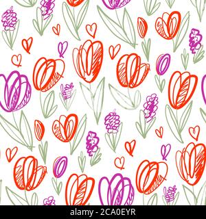 Motivo giocoso e ingenuo fiore tulipano senza cuciture per sfondo, avvolgimento, tessuto, tessuto, rivestimento, superficie, web e stampa. Colorato rapporto floreale primavera Illustrazione Vettoriale