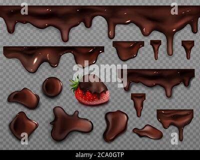 Gocciolamento di cioccolato fuso isolato su fondo trasparente. Vettore realistico insieme di gocce, macchie, blob e flusso di crema di cacao. Fragola in cioccolato liquido scuro Illustrazione Vettoriale