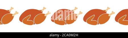 tacchino arrosto di ringraziamento senza cuciture bordo vettoriale orizzontale. Thanksgiving Food confine ripetizione. Per biglietti d'auguri, piè di pagina, intestazione, invita, barra multifunzione Illustrazione Vettoriale