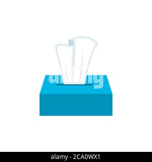 Scatola di carta blu su sfondo bianco. Confezione di cartone di panni per la pulizia. Dispenser di salviette per il viso isolato. Tovaglioli di carta in una scatola. Vettore Illustrazione Vettoriale