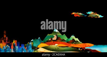 Paesaggio in stile cartoon molto colorato con montagne, alberi e nuvole e un cielo nero Foto Stock