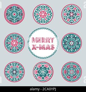 Set di decorazioni natalizie disegnate a mano con fiocco di neve. Collezione di otto rotonde di fiocchi di neve. Illustrazione vettoriale Illustrazione Vettoriale