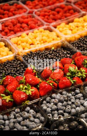 Mix colorato di diverse bacche fresche al mercato Foto Stock