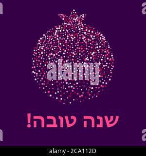 Illustrazione di melograno, fatta con punti. Biglietto d'auguri Shana Tova. Rosh hashanah Ebraico saluto di Capodanno. Modello di poster per le vacanze in ebraico. bac. Vettore Illustrazione Vettoriale