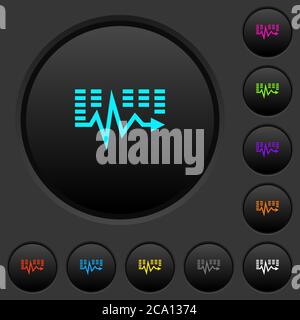Music Waves pulsanti scuri con icone di colori vivaci su sfondo grigio scuro Illustrazione Vettoriale