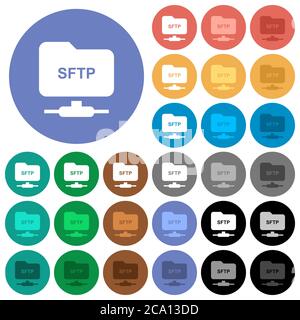 FTP su SSH icone piatte multicolore su sfondi rotondi. Incluse variazioni delle icone bianche, chiare e scure per gli effetti di stato attivo e del passaggio del mouse e bo Illustrazione Vettoriale