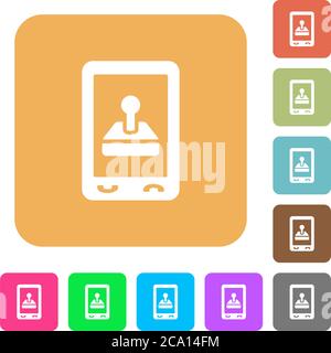 Icone piatte per il gioco mobile su sfondi quadrati arrotondati dai colori vivaci. Illustrazione Vettoriale