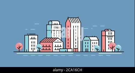 Paesaggio urbano in stile lineare. Paesaggio urbano, concetto di costruzione Illustrazione Vettoriale