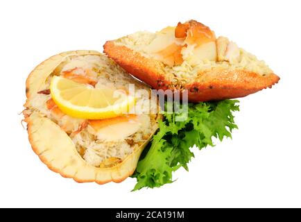 Due granchi di Cromer vestiti isolati su uno sfondo bianco Foto Stock