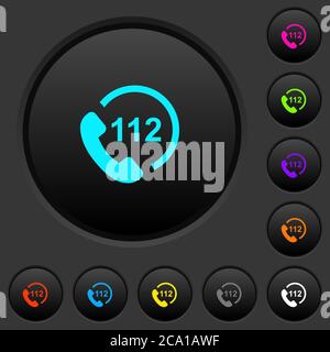 Chiamata di emergenza 112 pulsanti scuri con icone dai colori vivaci su sfondo grigio scuro Illustrazione Vettoriale