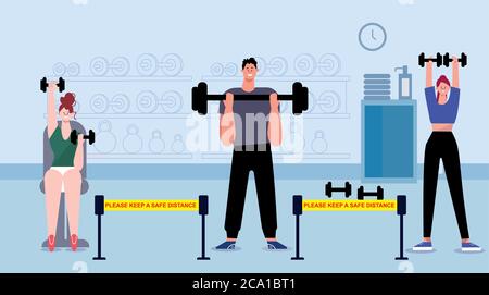 Social distancing in palestra. Persone che fanno esercizio tenendo la distanza l'una dall'altra. Formazione in un club sportivo dopo la quarantena di cover-19 coronavirus. Illustrazione Vettoriale