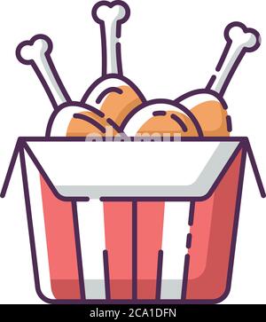 Tandoori pollo RGB colore icona. Carne fast food in scatola. Grigliare carne di pollame. Gamba e ali di gallina. Cucina tradizionale. Cucina americana. Gastronomia spazzatura Illustrazione Vettoriale